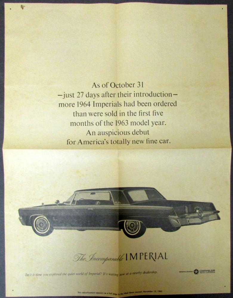 1964 Chrysler Incomparable Imperial Sales Newsprint AD Orignal Brochure