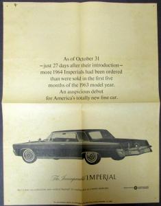 1964 Chrysler Incomparable Imperial Sales Newsprint AD Orignal Brochure