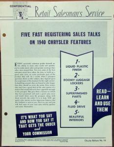 1940 Chrysler Retail Salesman Serv Bulletin No 10 Original Sales Talk