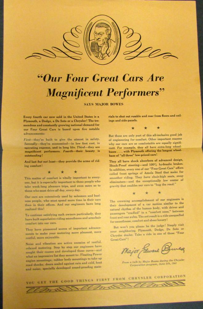1941 Chrysler CBS Broadcast Major Bowes 4 Great Cars Are Magnificent Performers