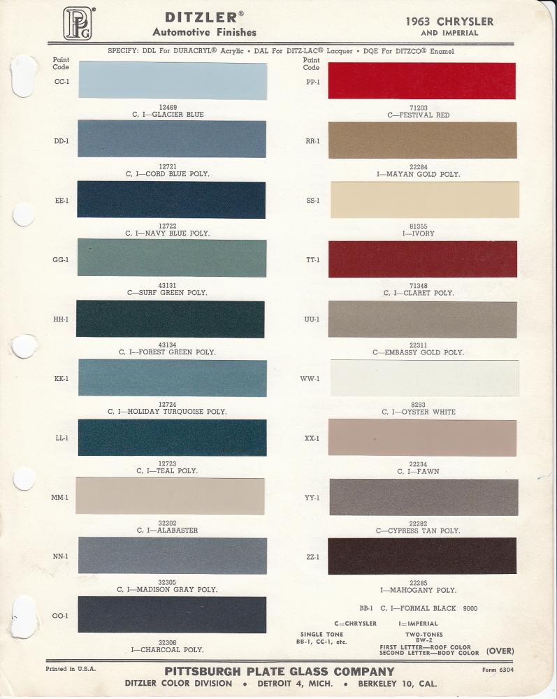 1963 Chrysler & Imperial Ditzler Color Paint Chips Sheet Original